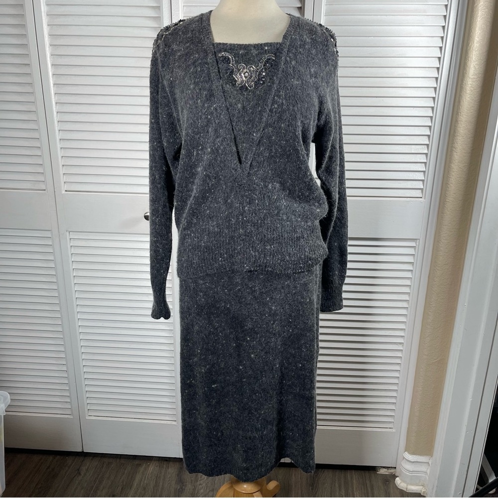Raoul Silk Angora Knit Set Sweater Skirt Beaded‎ Embellished Gray Size M